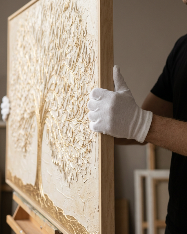 Art handler presenting Blooming Growth large-format original painting