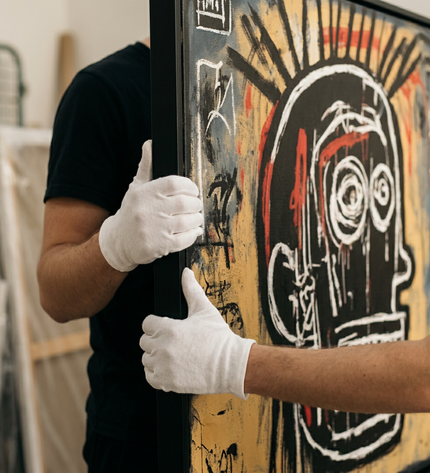 Art handler presenting Primal Identity large-format original painting