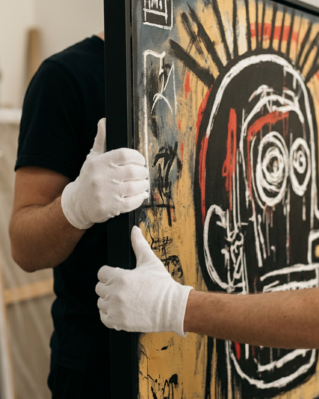 Art handler presenting Primal Identity large-format original painting