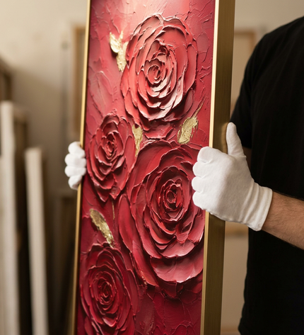 Art handler presenting Roses of Desire large-format original painting