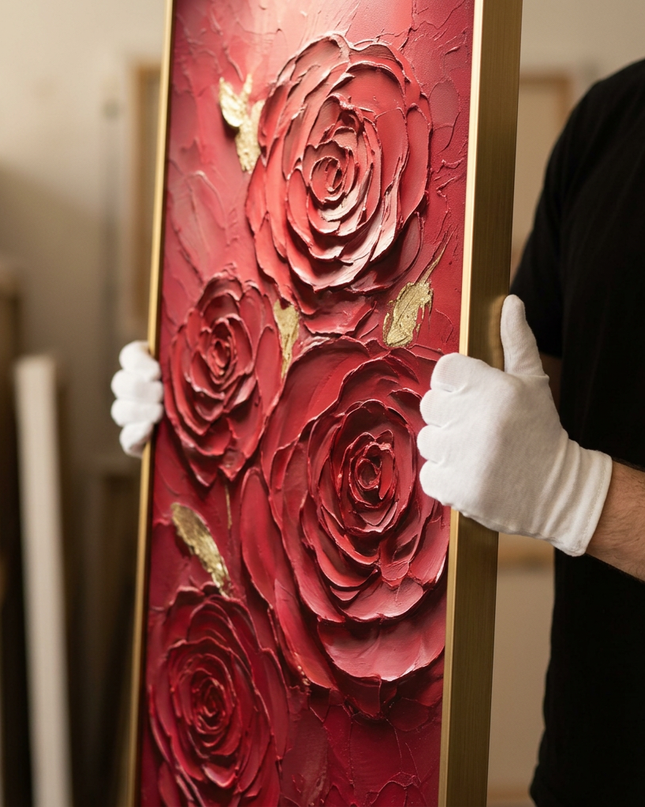 Art handler presenting Roses of Desire large-format original painting