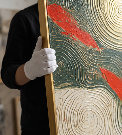 Art handler presenting Tides of Blessings large-format original painting