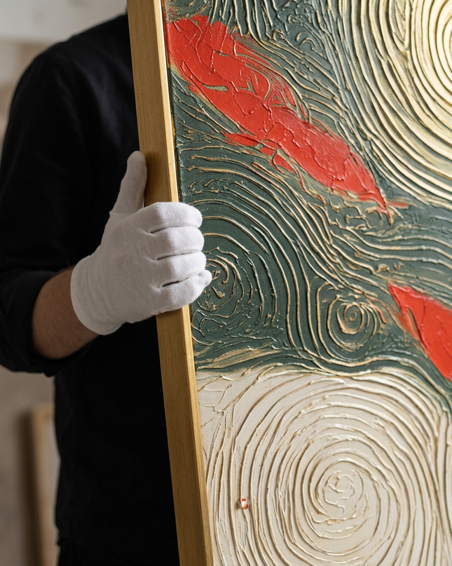 Art handler presenting Tides of Blessings large-format original painting