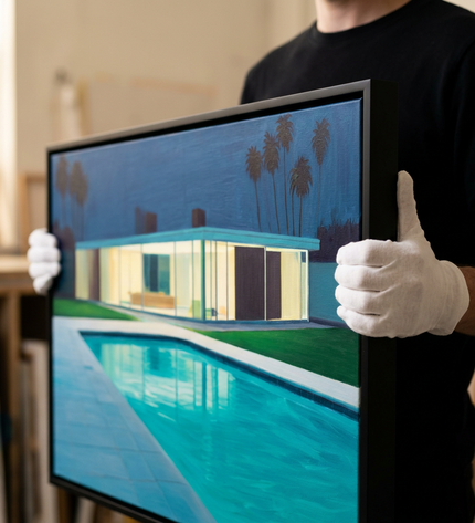 Art handler presenting Glass House Dreams large-format original painting
