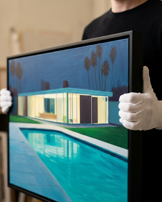 Art handler presenting Glass House Dreams large-format original painting