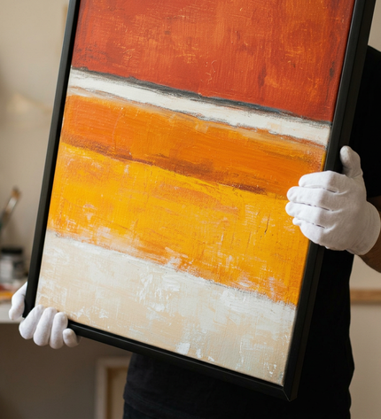Art handler presenting Rust and Gold large-format original painting