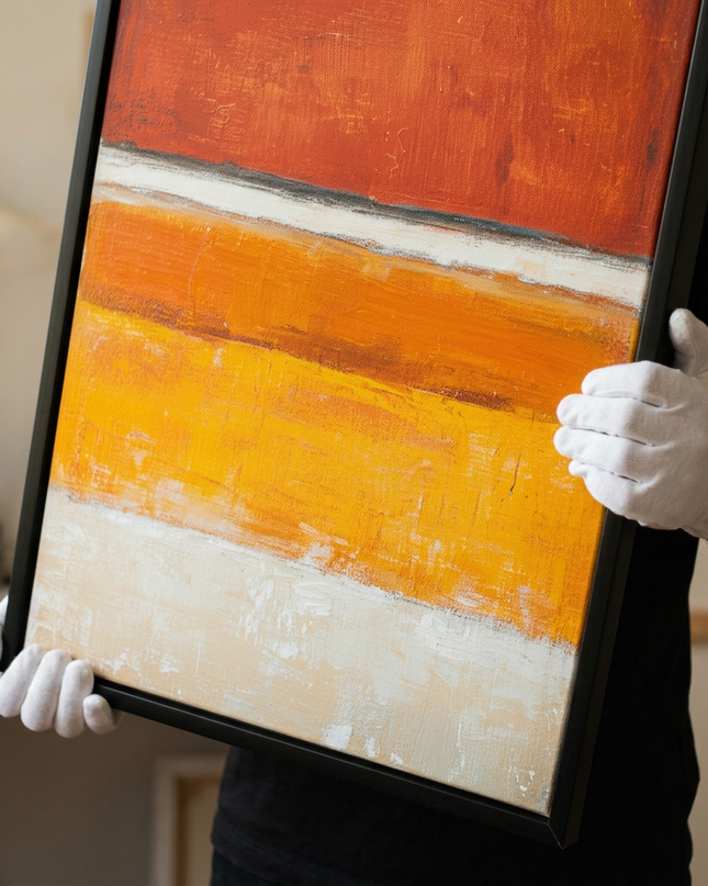 Art handler presenting Rust and Gold large-format original painting