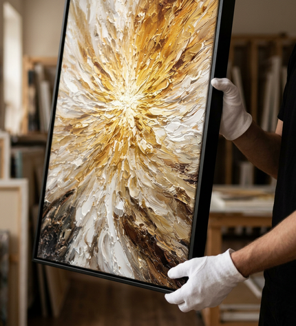Art handler presenting Solar Eruption large-format original painting