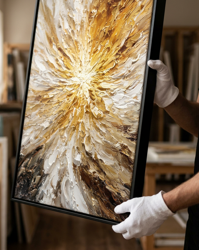 Art handler presenting Solar Eruption large-format original painting