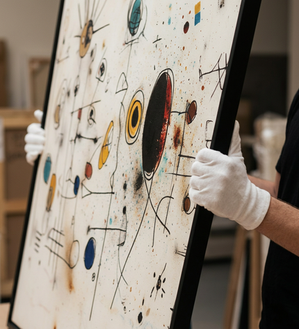 Art handler presenting Echoes in Space large-format original painting
