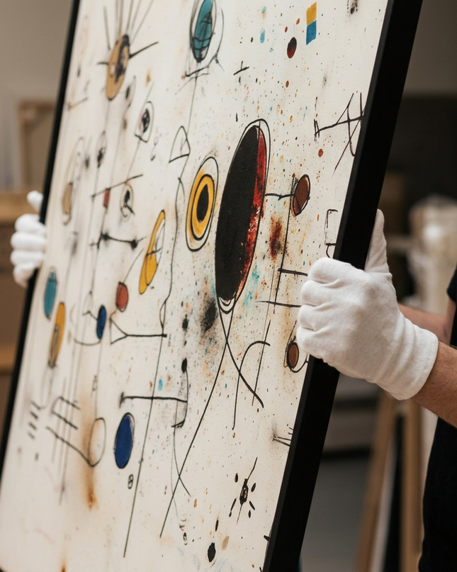 Art handler presenting Echoes in Space large-format original painting