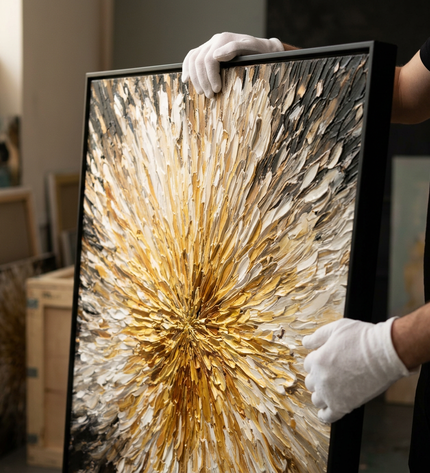 Art handler presenting Radiance Petals large-format original painting