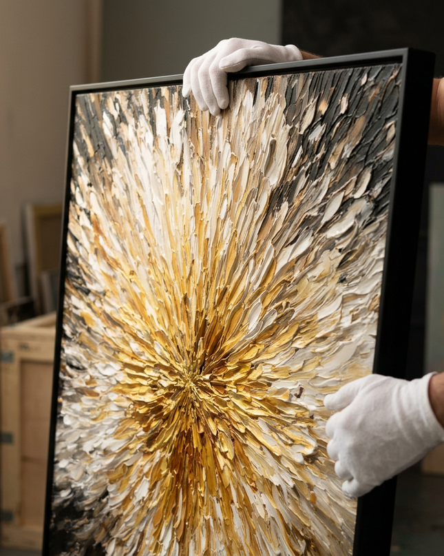 Art handler presenting Radiance Petals large-format original painting