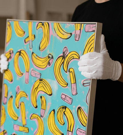 Art handler presenting Banana Crush large-format original painting
