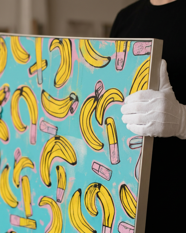 Art handler presenting Banana Crush large-format original painting