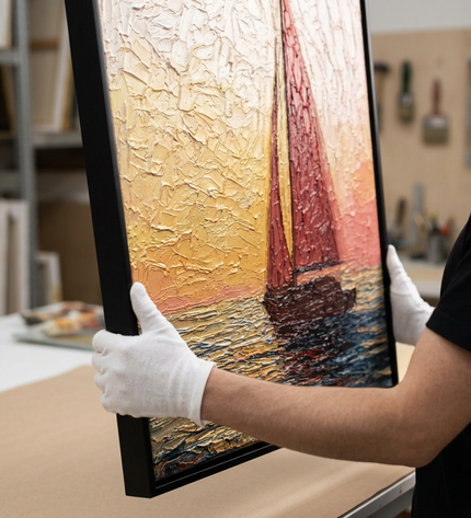 Art handler presenting Chasing the Sun large-format original painting