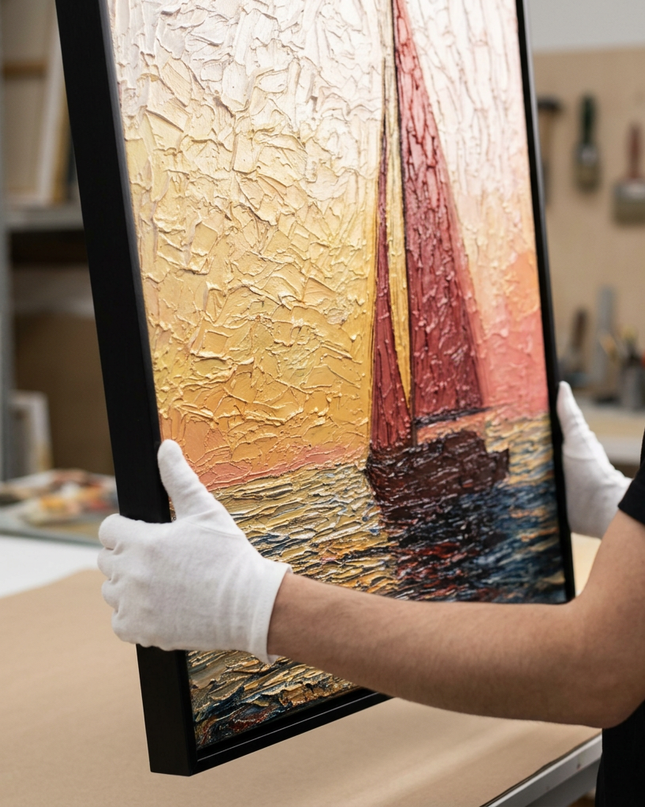 Art handler presenting Chasing the Sun large-format original painting