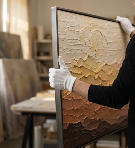 Art handler presenting Canyon Light large-format original painting