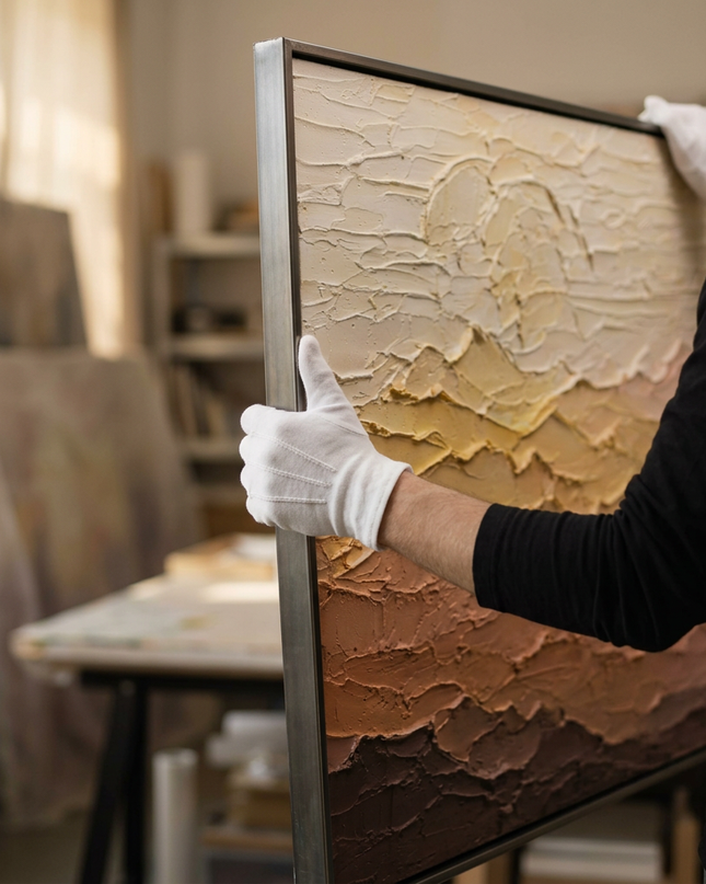 Art handler presenting Canyon Light large-format original painting