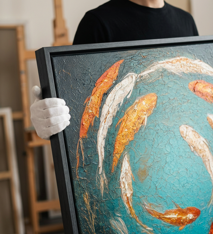 Art handler presenting Koi of Prosperity large-format original painting