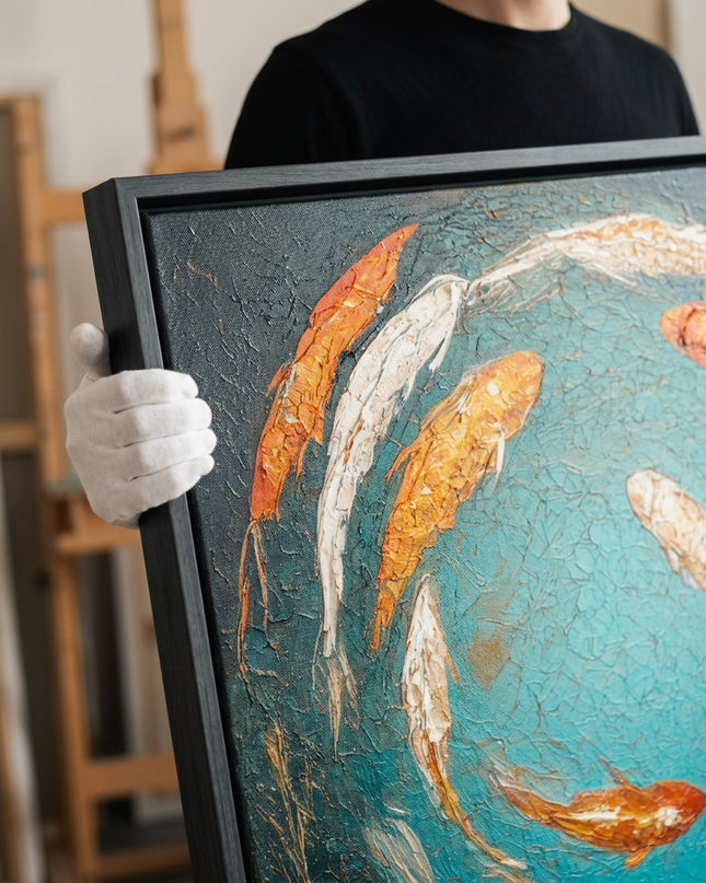 Art handler presenting Koi of Prosperity large-format original painting