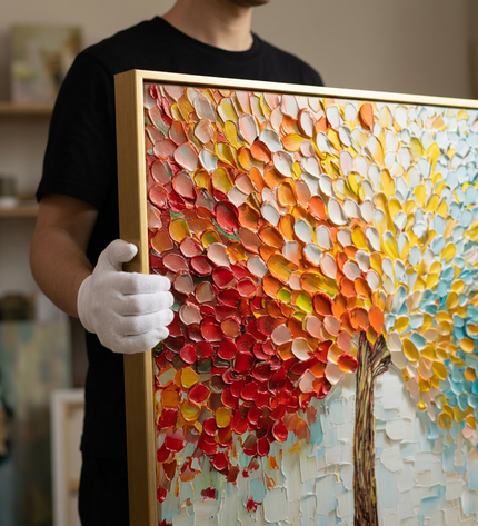 Art handler presenting Joyful Tree large-format original painting