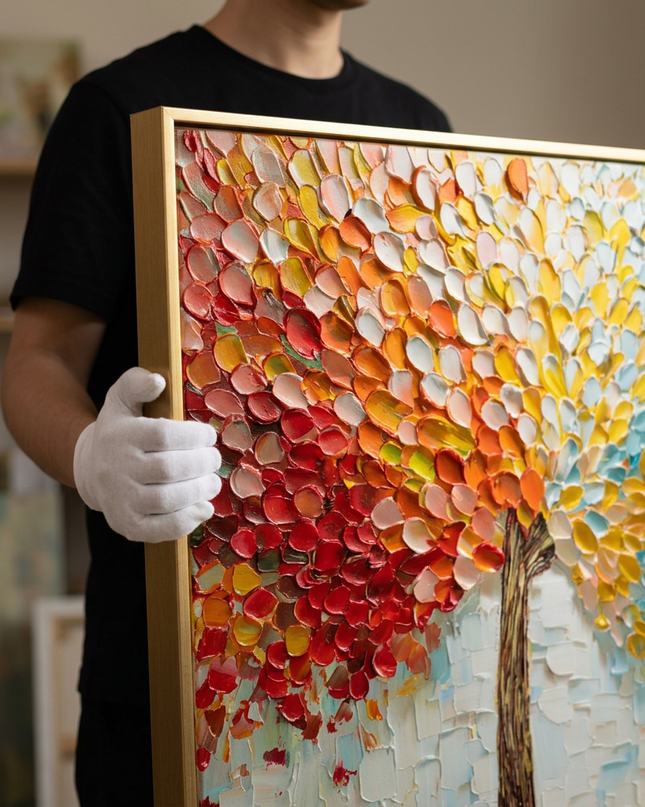 Art handler presenting Joyful Tree large-format original painting