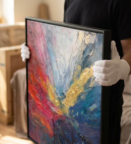 Art handler presenting Luminous Tide large-format original painting