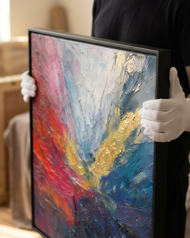 Art handler presenting Luminous Tide large-format original painting