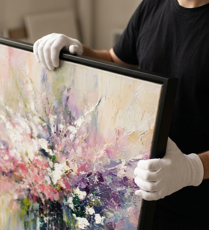 Art handler presenting Spring Sonata large-format original painting