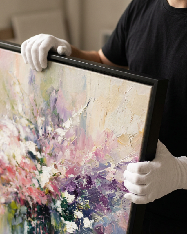Art handler presenting Spring Sonata large-format original painting