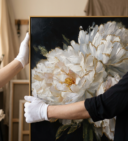 Art handler presenting Golden Edge Blooms large-format original painting