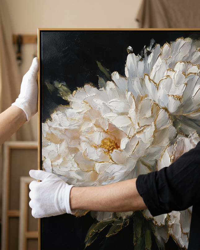 Art handler presenting Golden Edge Blooms large-format original painting