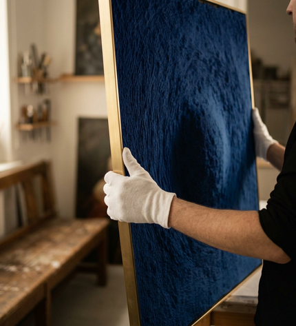 Art handler presenting Blue Abyss large-format original painting