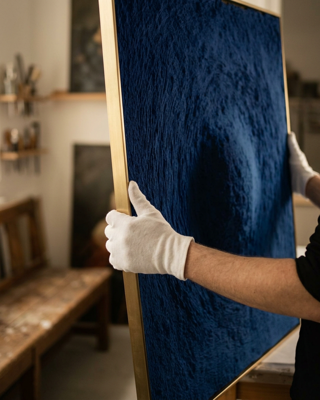Art handler presenting Blue Abyss large-format original painting