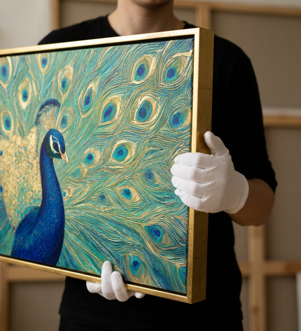 Art handler presenting Feathers of Fortune large-format original painting