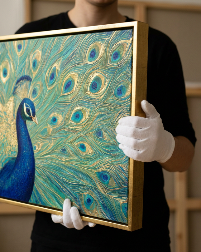 Art handler presenting Feathers of Fortune large-format original painting