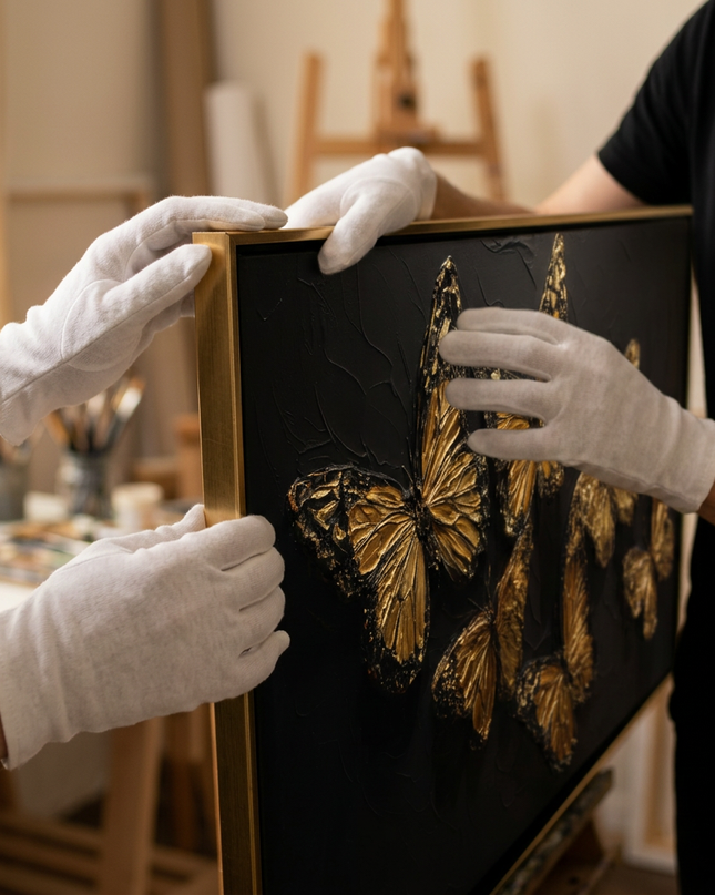 Art handler presenting Soaring Butterflies large-format original painting