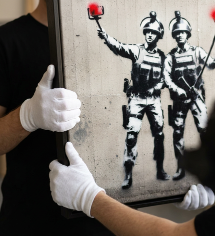 Art handler presenting Selfie Squad large-format original painting
