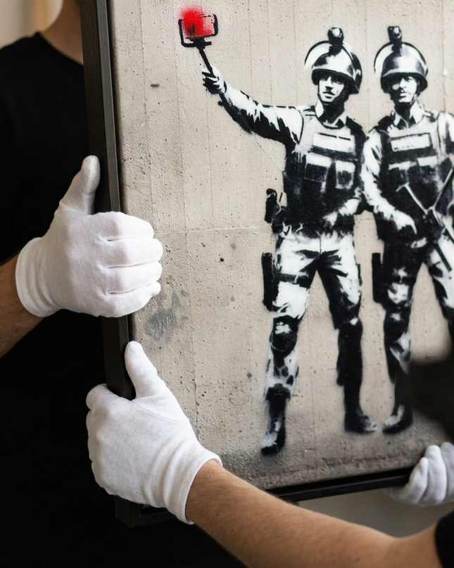 Art handler presenting Selfie Squad large-format original painting