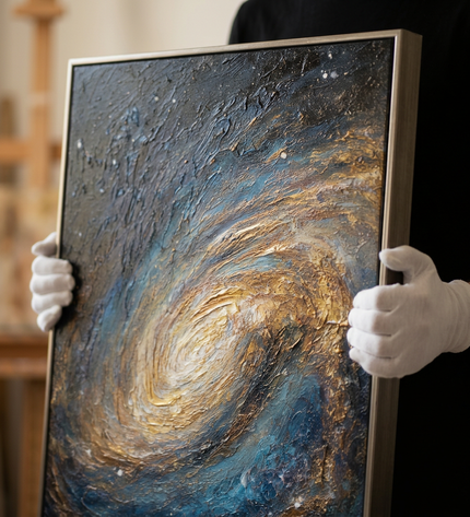 Art handler presenting Nebula of Light large-format original painting