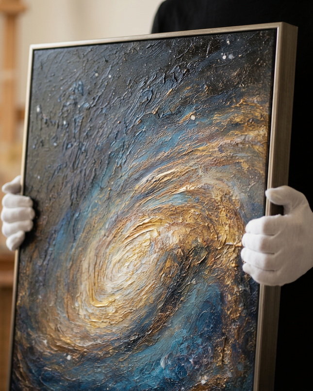 Art handler presenting Nebula of Light large-format original painting