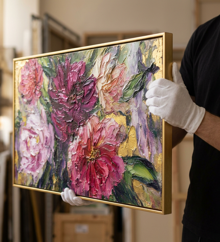 Art handler presenting Rhapsody in Petals large-format original painting