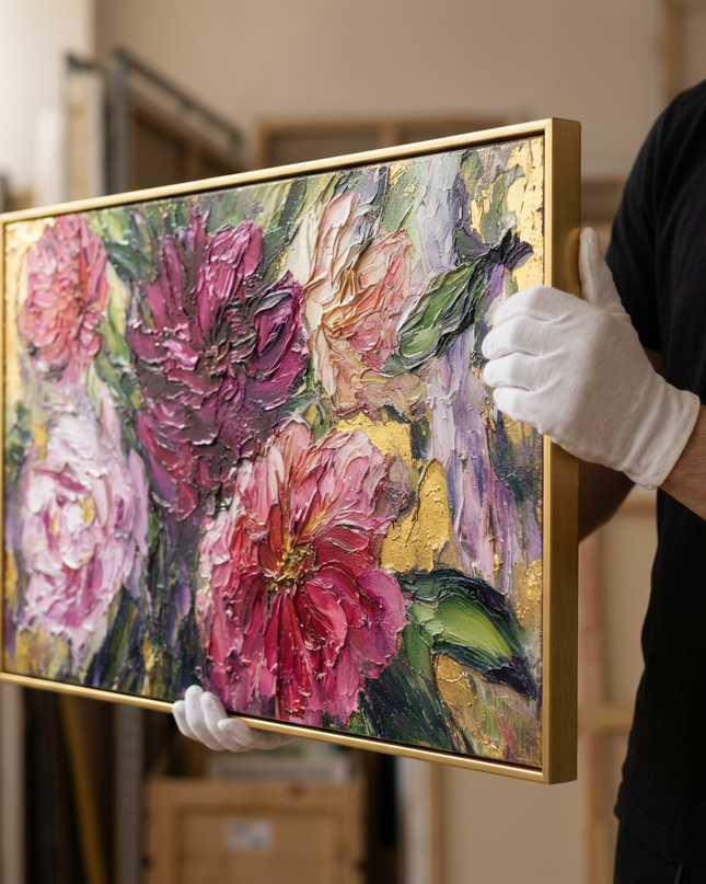 Art handler presenting Rhapsody in Petals large-format original painting