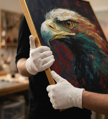 Art handler presenting Watchful Hunter large-format original painting