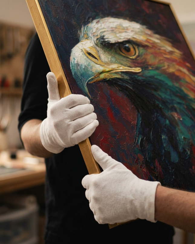 Art handler presenting Watchful Hunter large-format original painting