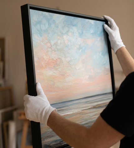 Art handler presenting Tranquil Waters large-format original painting