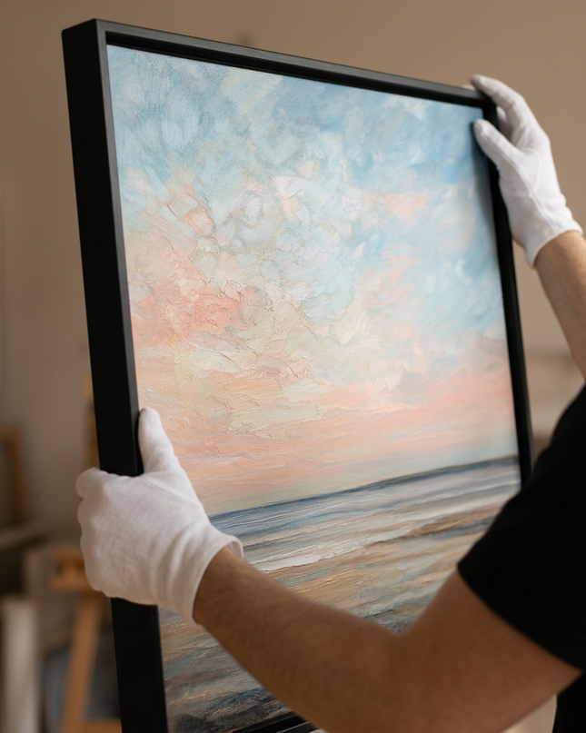 Art handler presenting Tranquil Waters large-format original painting