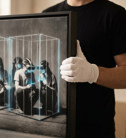 Art handler presenting Pixel Cage large-format original painting