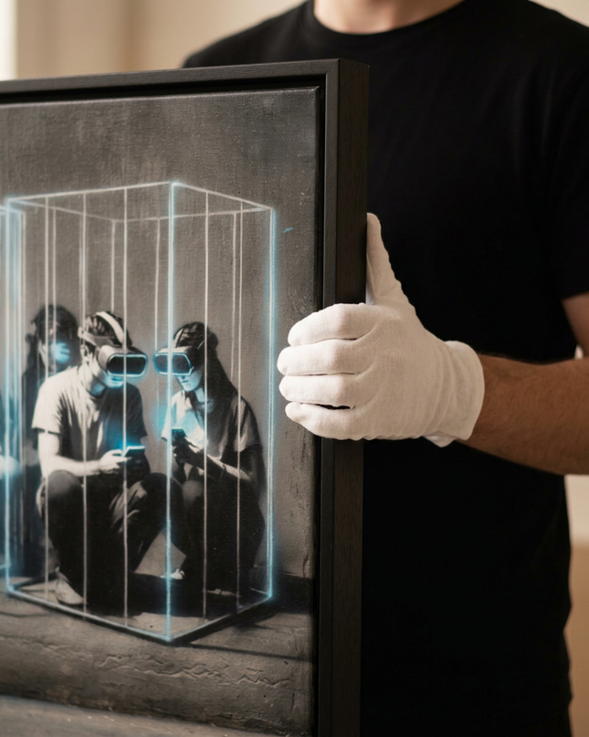 Art handler presenting Pixel Cage large-format original painting